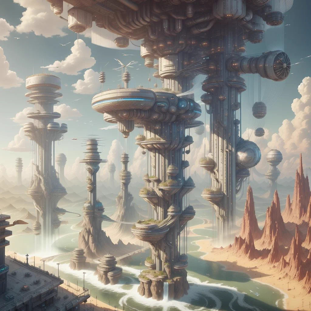 windtech , scifi, wind turbines and fans , pipes , (cyberpunk:0.7), stadion, tall towers, small miniature houses, river, waterfall, airborne
