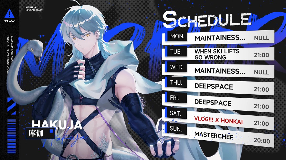 💠Weekly schedule from Jan 15 to Jan 21 (UTC+8)!💠

Live #Hakulive
SFW Art #Hakujart
MEME #Hameee
NSFW #HakuR
Fan Name / Hakcinth