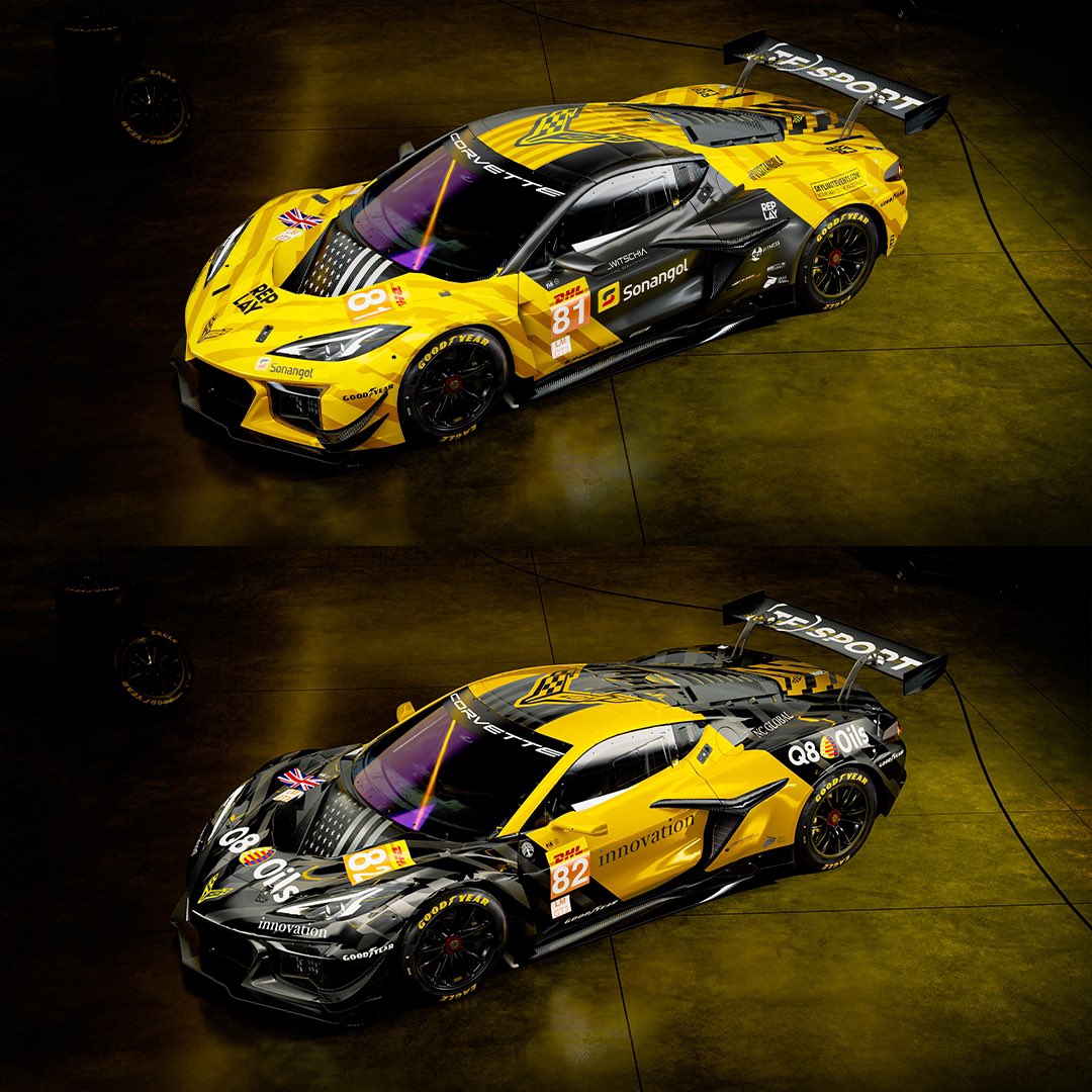 OfficialTFSport's tweet image. 📣 TF SPORT&apos;S CORVETTE Z06 GT3.R CARS ARE READY TO HIT THE TRACK IN THEIR NEW LIVERIES 🔥 

The #81 Corvette Z06 GT3.R and its twin #82 will roar through the 2024 FIA WEC season in their new black, grey and yellow combination.

We love them 😍 

#TFSport #WEC