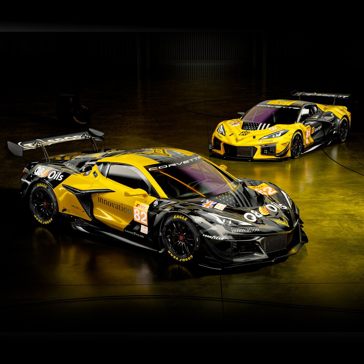 OfficialTFSport's tweet image. 📣 TF SPORT&apos;S CORVETTE Z06 GT3.R CARS ARE READY TO HIT THE TRACK IN THEIR NEW LIVERIES 🔥 

The #81 Corvette Z06 GT3.R and its twin #82 will roar through the 2024 FIA WEC season in their new black, grey and yellow combination.

We love them 😍 

#TFSport #WEC