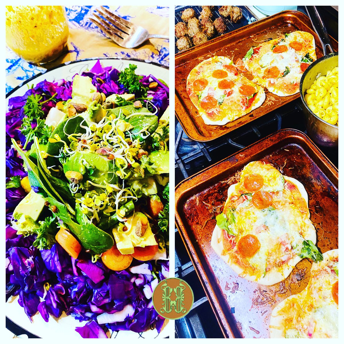 BarrieBeau's tweet photo. What do we do when it's cold? Cook! 
Always a big colorful salad with red cabbage, orange beets, radishes, broccoli sprouts, parsley, home made mustard vinaigrette; turkey &amp; feta meatballs, Sicilian Sfincione with tomatoes, and cavatappi with a nutritional yeast "cheesy" sauce. https://t.co/cwFI26OnbM