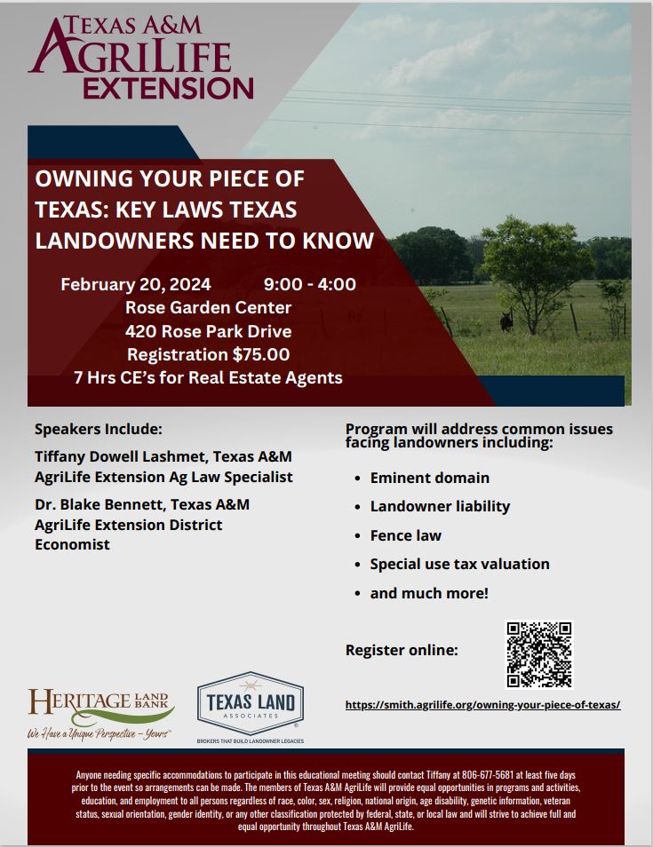 Our first Owning Your Piece of Texas: Key Laws Texas Landowners Need to Know program is just over a month away! Join us in Tyler! Thanks to our Handbook Sponsor Texas Land Associates & Gold Sponsor @HeritageLBank for their support! Register here: smith.agrilife.org/owning-your-pi…