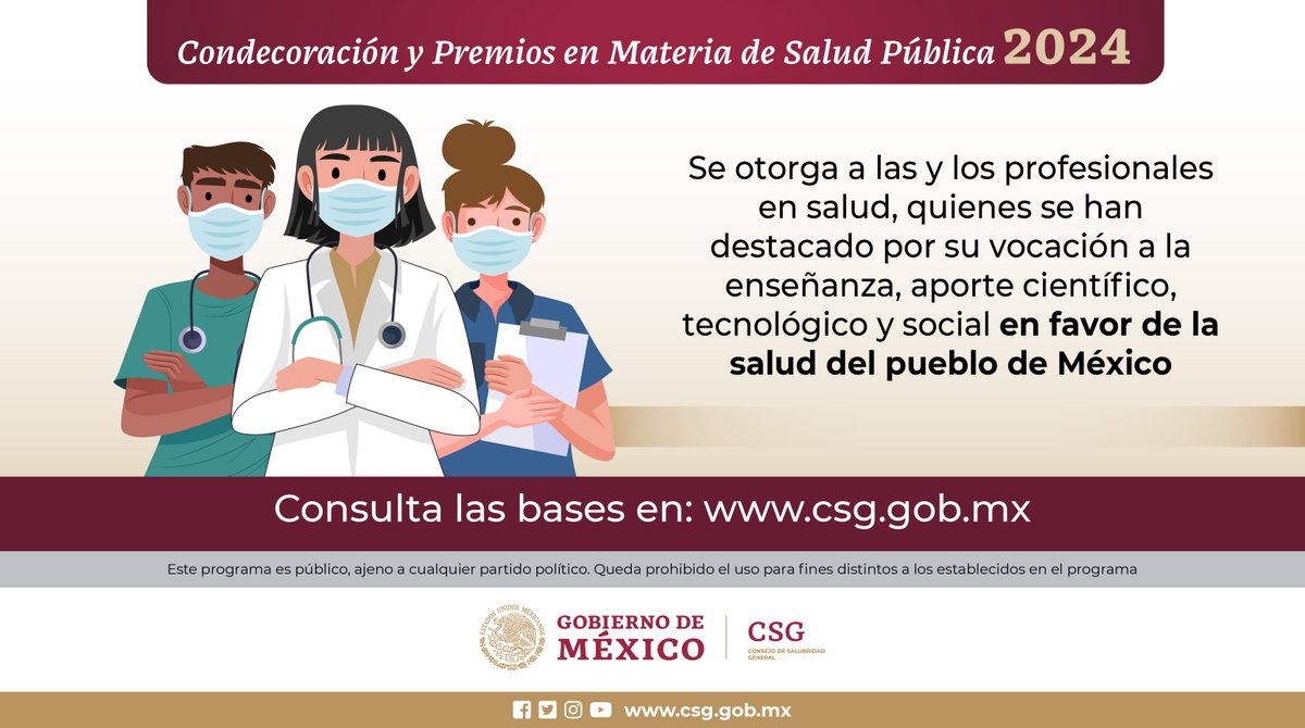 Convocatoria: Condecoración y Premios en Materia de Salud Pública 2024 🩺

Se convoca a instituciones de salud, educación superior, academias, sociedades científicas, consejos, agrupaciones de profesionales y académicos del área de salud, para que presenten las candidaturas de