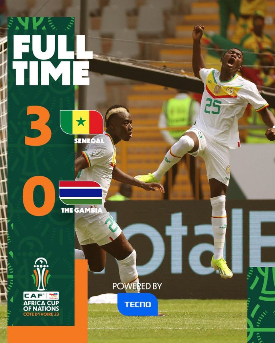 spacefootafr's tweet photo. Senegal 🇸🇳 3-0 🇬🇲 Gambie 

Le tenant du titre répond présent pour son entrée en lice dans cette #CAN2023 ! 
Match globalement maîtrisé et facilité par le carton rouge gambien juste avant la mi-temps. 

#TotalEnergiesAFCON2023   #CAN2023  #SENGAM https://t.co/llCRvwGw2W