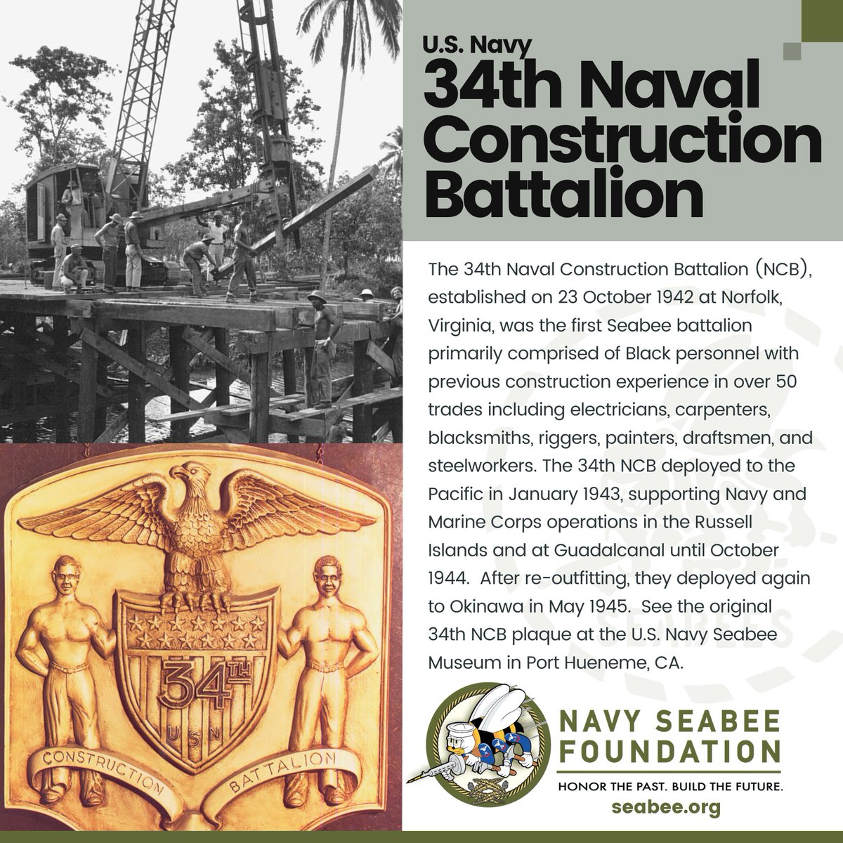 seabeehf's tweet photo. 🌟 Celebrating #MartinLutherKingJrDay with a special #HeritageMonday post! 🇺🇸 Today, we honor the 34th Naval Construction Battalion for #breakingdownbarriers. Dive into their inspiring story on the Navy Seabee Museum blog: https://t.co/Ya1Q8aFFqc 🛠️✊ #SeabeeHeritage #Seabees https://t.co/zbZPOBa2a3