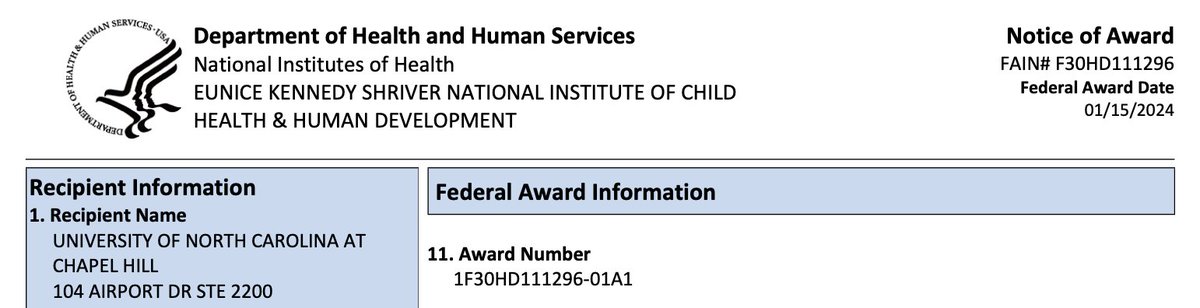 nick_ringelberg's tweet photo. After an initial submission in April 2022, I'm excited to receive a Notice of Award from NICHD for my F30! Couldn't have done it without @PhilpotLab, @UNCmdphd, @AuditoryNeuro, @MichelleItano, @JoJoYangMD, @AdamHantman, and @snisitha. https://t.co/K8q5KE6WQN
