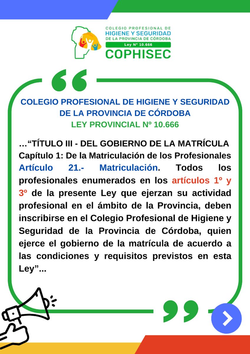 cophisec's tweet photo. 📢 ¿Quiénes deben matricularse? 

Todos los Licenciados/as y Técnicos/as vinculados con la Higiene y Seguridad en el Trabajo, que ejerzan su actividad profesional en el ámbito territorial de la Provincia de Córdoba. 

#cordoba #cophisec #higieneyseguridad https://t.co/4rzBCDdZ5k