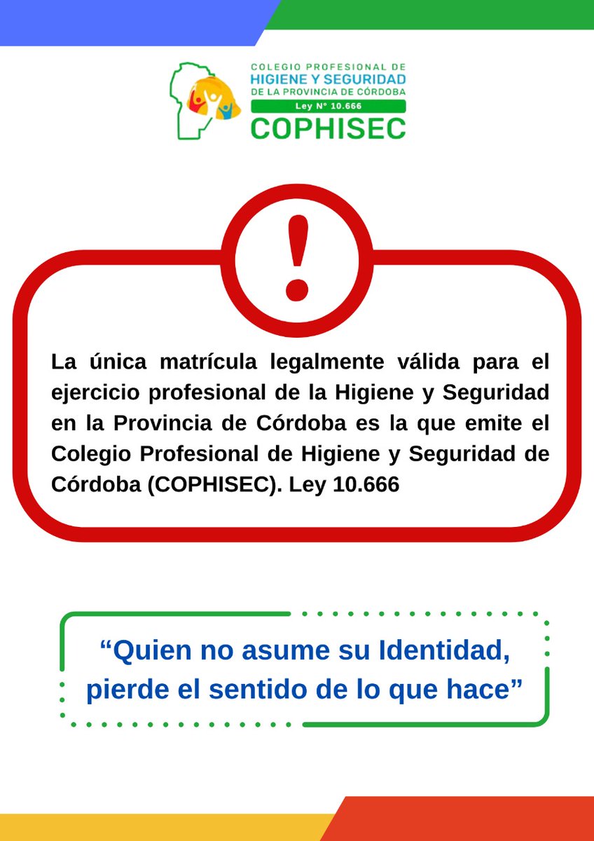 cophisec's tweet photo. 📢 ¿Quiénes deben matricularse? 

Todos los Licenciados/as y Técnicos/as vinculados con la Higiene y Seguridad en el Trabajo, que ejerzan su actividad profesional en el ámbito territorial de la Provincia de Córdoba. 

#cordoba #cophisec #higieneyseguridad https://t.co/4rzBCDdZ5k