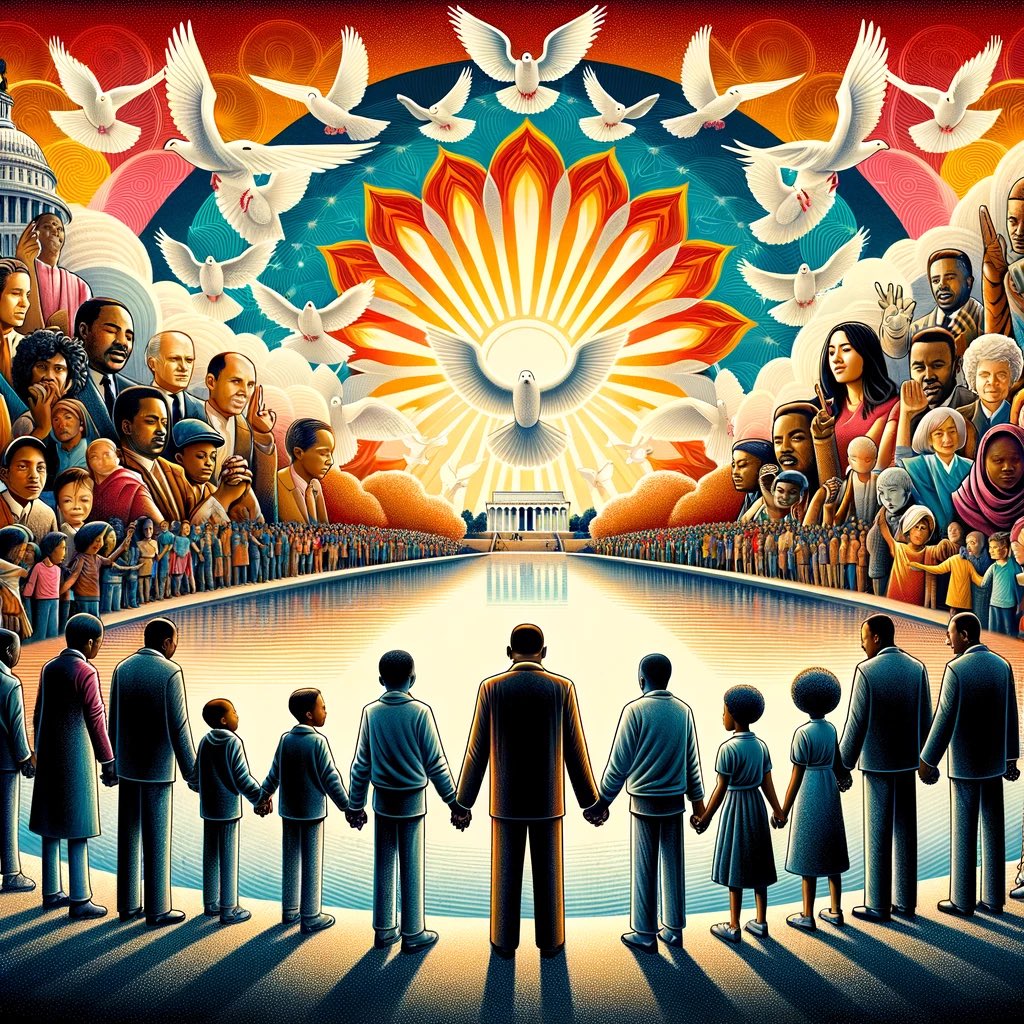 CyberJae's tweet photo. Asked AI to visualize MLK’s dream, and guess who showed up in the artwork? A guy who looks a lot like @JoeBiden standing next to MLK! Maybe it’s a sign - even AI thinks everything’s better with a cameo from Uncle Joe! 😂 #MLKDream #PresidentialCameo
 #MLKDay https://t.co/z0pR7xJIh8
