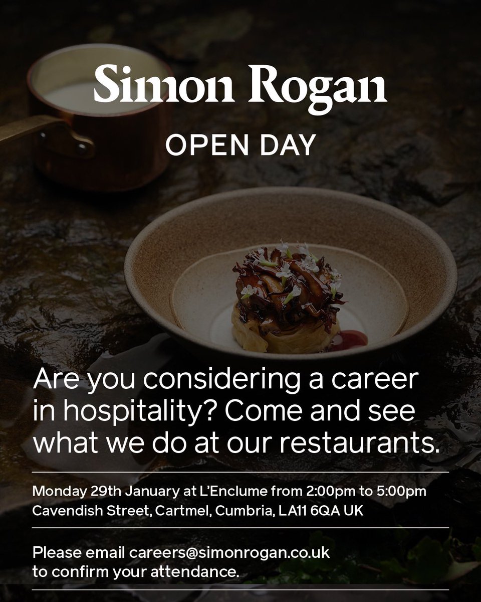 Our open day returns! 📍Monday 29th January at @lenclume. A day giving anyone interested in a career in hospitality a chance to meet our team and go behind the scenes at our restaurants. Please email us at careers@simonrogan.co.uk to confirm your place. #hospitalityjobs