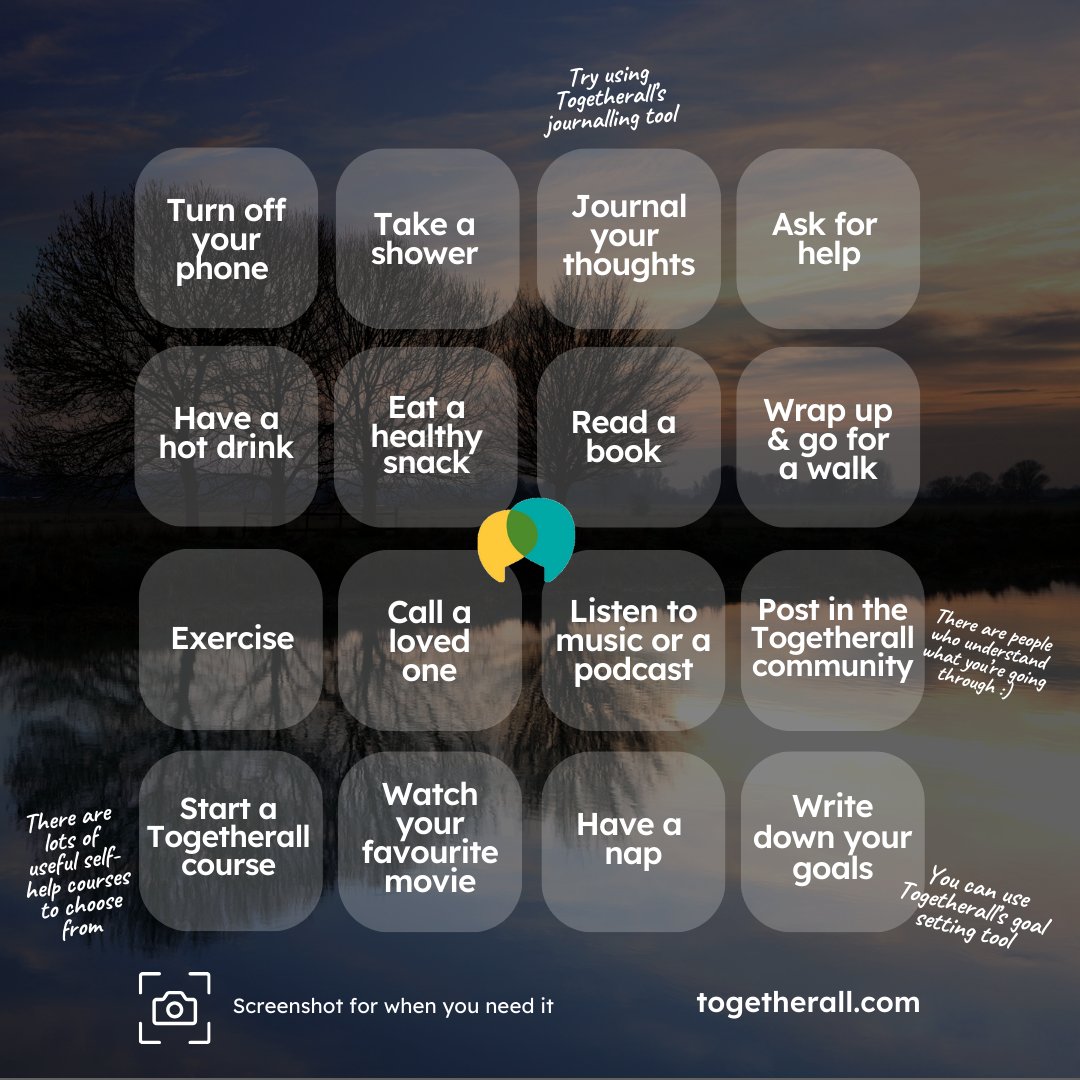 Surviving winter blues ❄️✨️

Check out these simple self-care gems that could help pick you up a little. Ready for more support? Join togetherall.com to connect with others who understand ✨

📲 You may have access through your place of education, region or employer.
