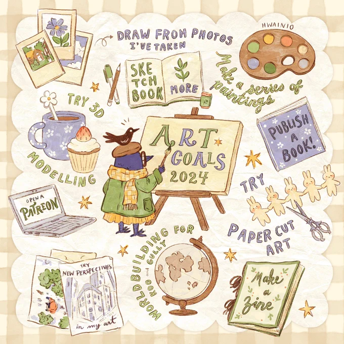 I had a lot of fun making this art goals drawing. Hopefully I'll be able to complete them all. Aiming big this year! 