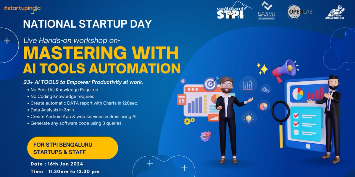 AIC_STPI_Blr's tweet photo. Join the Hands-on workshop on "Mastering with AI Tools Automation" for startups, from AI expert
@Pradeep_Dhage, COO-AIC STPI Bengaluru   On account of #NationalStartupDay2024
at STPI IoT OpenLab, Bengaluru. #STPIStartupEcosystem #TheNextWave #STPIINDIA
@Rajeev_GoI @arvindtw https://t.co/eZW1MoRyNl