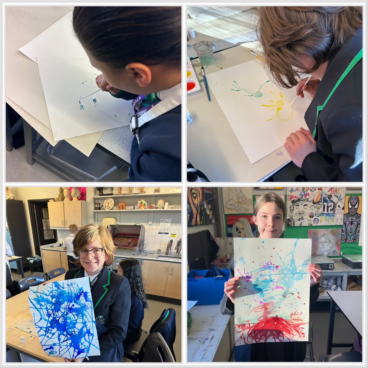 LaycockArt's tweet photo. Lots of fun in art club using ink, brusho and craft straws in the style of Jackson Pollock, a welcome change from the usual observational drawing. Well done all 👩‍🎨 🧑‍🎨 @BBGAcademy https://t.co/MiNbp3uDO4