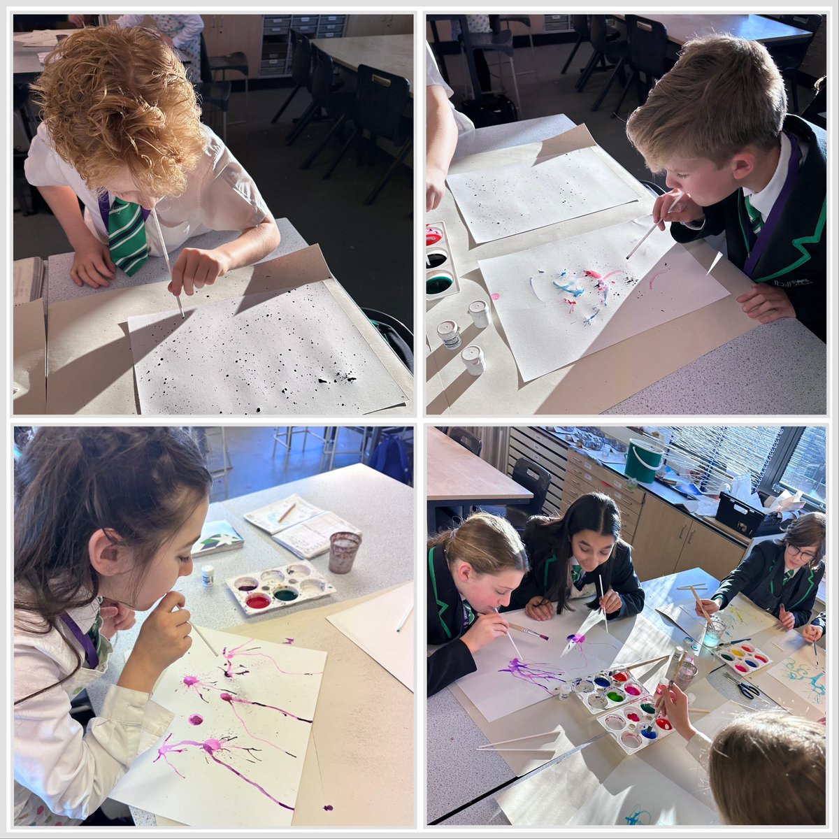 LaycockArt's tweet photo. Lots of fun in art club using ink, brusho and craft straws in the style of Jackson Pollock, a welcome change from the usual observational drawing. Well done all 👩‍🎨 🧑‍🎨 @BBGAcademy https://t.co/MiNbp3uDO4