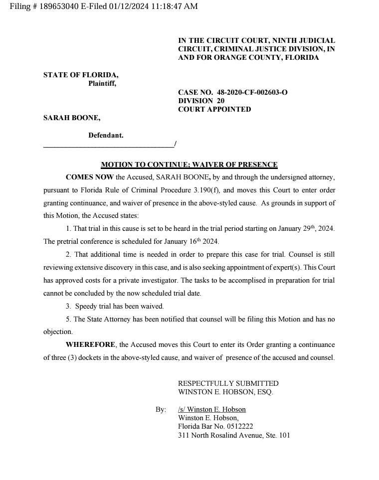 defense_diaries's tweet photo. 🚨🚨#TurdAlert🚨🚨
#SarahBoone's attorney has filed a motion to continue the trial set for the end of the month, and while the State does not object, the Judge may not be feeling it...but I wouldn't hold your breath. Despite the fact that it's been nearly 4 years since Jorge Torres's death, I've got a feeling the motion will be granted. The request of a continuance of 3 dockets, may be requesting 90 days...can any FL attorneys confirm what constitutes a docket period?
By the way the other document is the Florida Supreme Court Rule as to its expectation from arrest to final disposition. Missed that Standard by a bit...