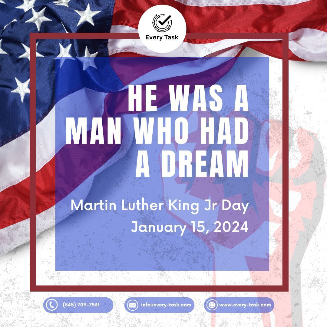 everytaskusa's tweet image. Happy Martin Luther King Jr. Day! Today, we celebrate the legacy of a true visionary who championed equality, justice, and unity. As your virtual assistant, I&apos;m inspired by Dr. King&apos;s dream of a better, more inclusive world. 

#MLKDay #EqualityForAll #EveryTask