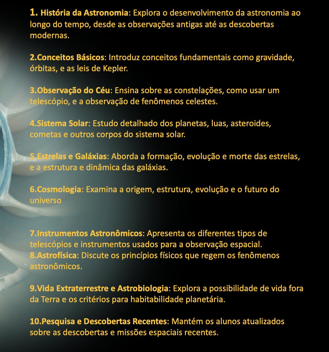 jdonascimentoJr's tweet photo. 1. História da Astronomia; 2.Conceitos Básicos; 3.Sistema Solar; 4.Planetas, luas, asteroides, cometas e outros corpos; 5.Estrelas e Galáxias; 6.Cosmologia; 7. Instrumentos Astronômicos: 8 Astrofísica;  9. Vida Extraterrestre e Astrobiologia: 10 Pesquisa e Descobertas Recentes https://t.co/7gfXKywDp3