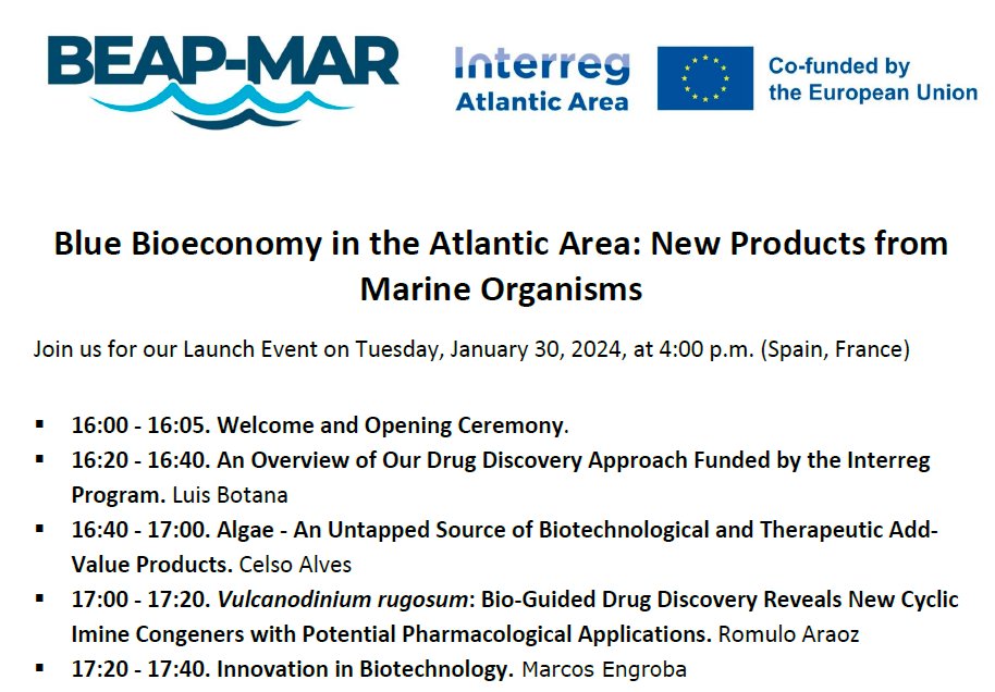 🌊 Exciting News!  Join us for the launch event of the BEAP-MAR project and dive into the fascinating world of marine drug discovery 🔬
📅 Save the Date: Tuesday, January 30 at 4:00 p.m. 🌐 Online via Microsoft Teams
📝 Register here forms.office.com/e/yFCSa2Gwrp
#BEAPMAR #AtlanticArea