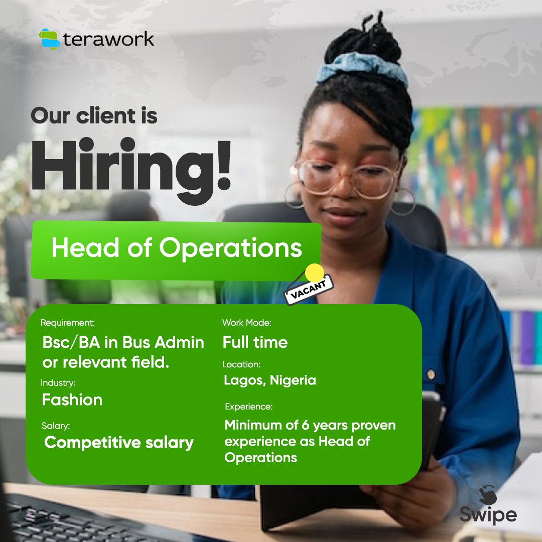 teraworkafrica's tweet photo. We are hiring.
◾ Role: Head of Operations
◾ Work mode: Full Time
◾ Location: Lagos, Nigeria
To apply, please visit: https://t.co/Nf0lHwNKfA
#hiring #terawork #recruitment #hiring #jobs #jobseekers #headofoperations #headofoperation #jobsinlagos #businessmanager #manager https://t.co/sz9pF1qZNz