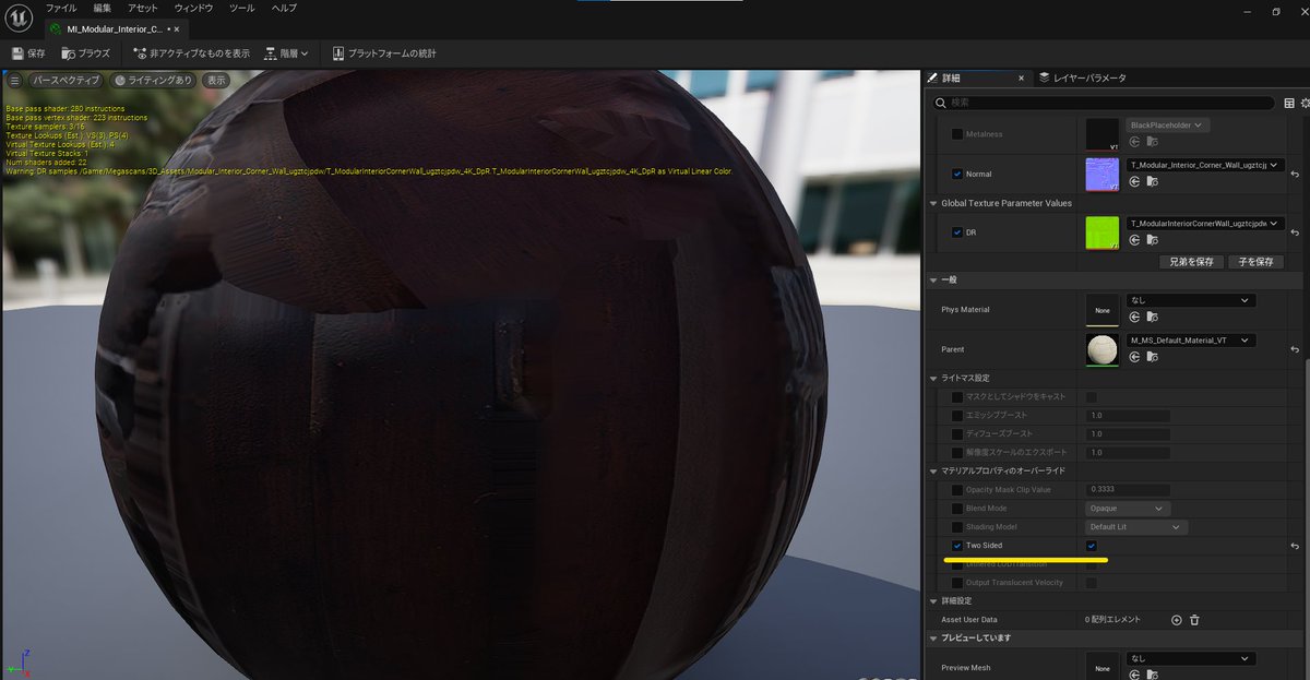 ⚠️megascan組み立て上の注意

・裏面はマテリアルが無い
⇒マテリアルエディタを開き、TwoSidedに✔

#UnrealEngine5