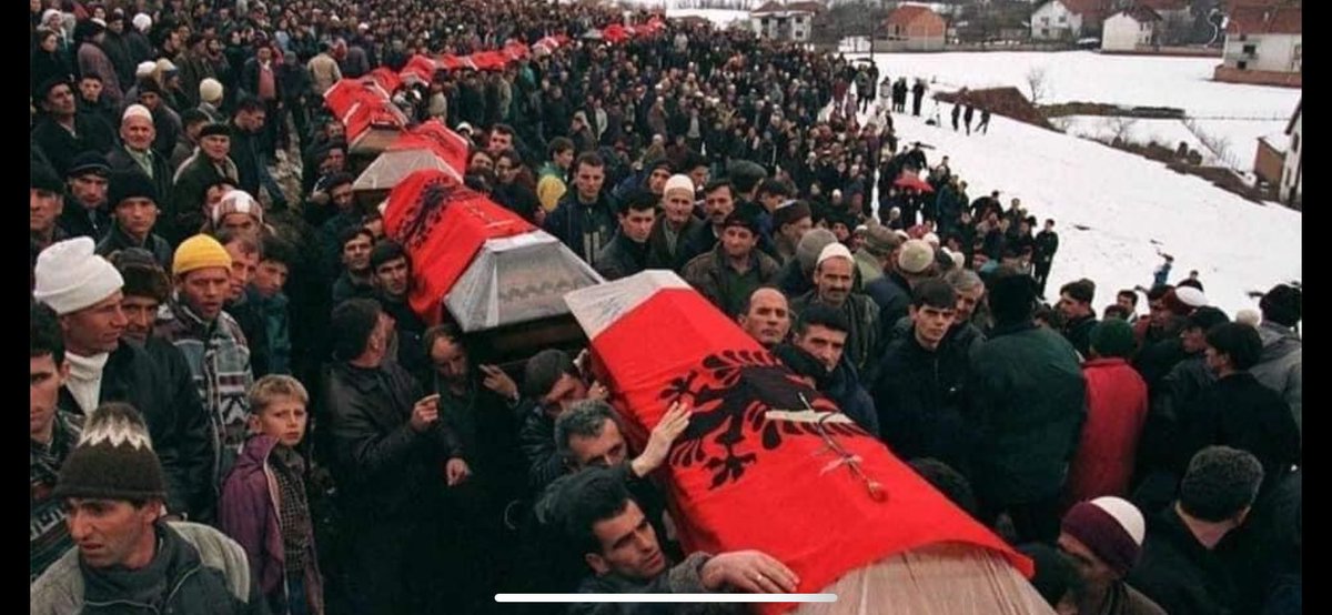 UkLushi's tweet photo. A quarter century ago today, in Reçak, 🇽🇰, Serbian state cut lives of 45 innocent Albanians short. Youngest  14, oldest 99. All civilians executed in cold blood. To this day Serbian perpetrators of the crime are under the protection of Serbia. World is silent. No justice so far. https://t.co/j9PMPgIJK9