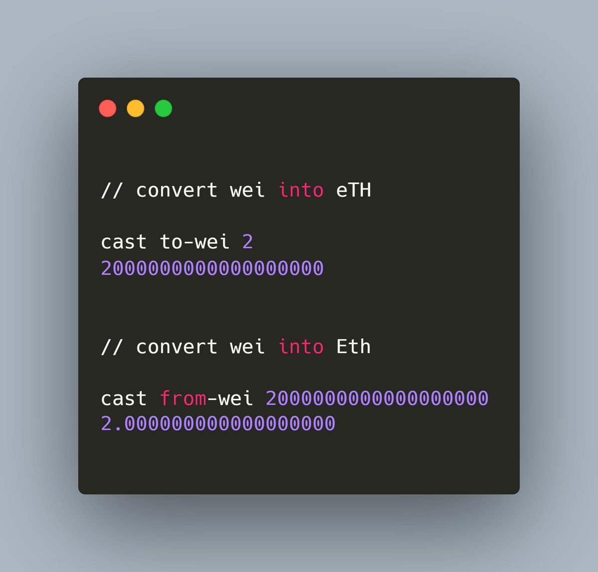 Foundry-Cast Tip 3: Ethereum Unit Calculator is built into your command  line (cast). Most of the developers use this website for this conversion  https://t.co/KpSxHXqzhe While you can do it just from your