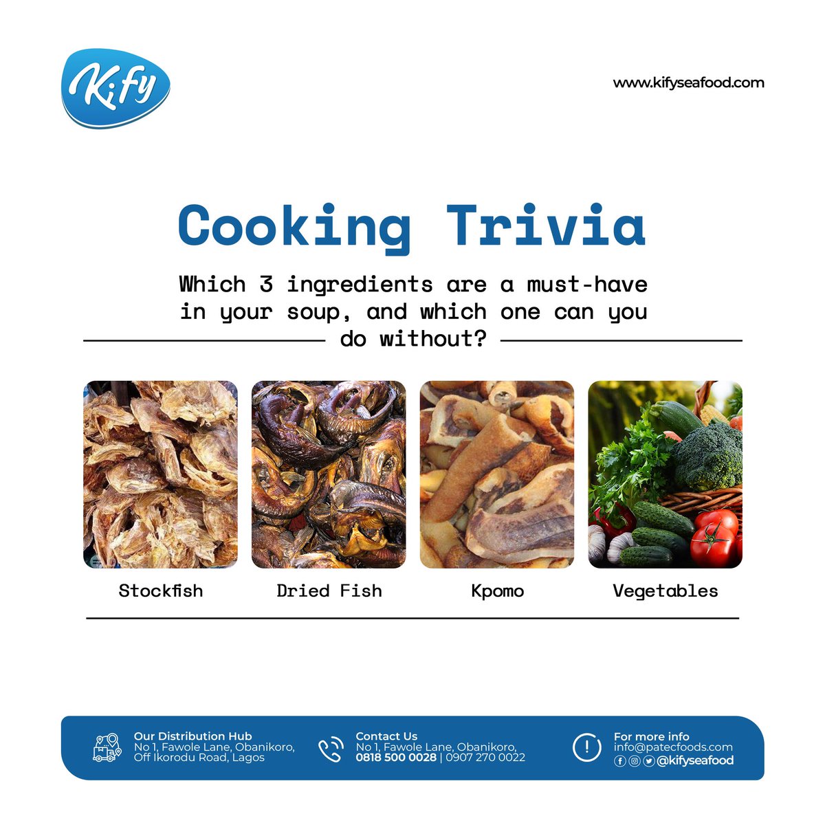 kifyseafood's tweet photo. There is no ULTIMATE style of preparing native Nigerian soups, but we believe there is one thing on this list that we don't really consider 😂. 

What do you think it is?. 

Comment down below or Click the answer in the poll below.

#kifyseafood #smokedcatfishbrand https://t.co/jGFAnSKslD