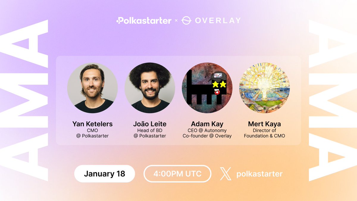 Polkastarter x <a href="/OverlayProtocol/">Overlay Protocol</a> AMA is incoming! 📣

👥 <a href="/0xYean/">ym</a> <a href="/JohnyCrypto/">João Leite</a> <a href="/mcillkay/">scrabblemaster ((,),(,))</a> <a href="/mertioi/">mert</a>
📆 Thursday, Jan. 18 @ 4pm UTC

Set a reminder and join us: x.com/i/spaces/1Mnxn…

Got questions for the crew? Ask them down below and we'll be sure to bring them up 👇