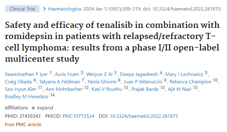 Our @CULymphoma T/NK-cell expert Dr. @BradHaverkos was just published @Haematologica as senior author of a phase I/II trial of tenalisib + romidepsin in R/R T-cell lymphomas. #lymsm cc @DrSwami_Iyer pubmed.ncbi.nlm.nih.gov/37439343/