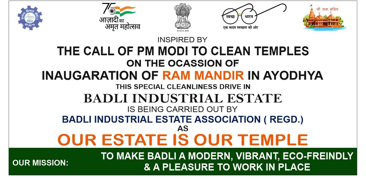 BadliEstate's tweet photo. Inspired by the call of our beloved PM Modi to clean Temples on the historic occasion of Pran Pratishtha of Shri Ram temple in Ayodhya, we are embarking upon a week-long cleanliness drive in our Badli Industrial Estate,Delhi from 16th to 22nd Jan'24 as our estate is  our temple. https://t.co/VcVTpgepbr