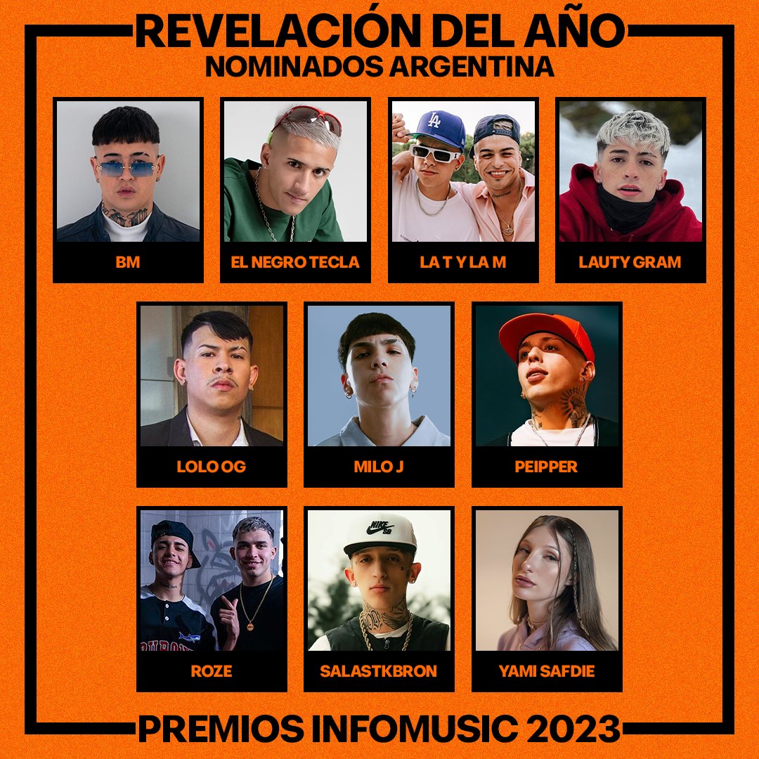InfoMusicOK's tweet photo. 🏆 REVELACIÓN DEL AÑO ARGENTINA 🏆

• BM
• El Negro Tecla
• La T y La M
• Lauty Gram
• Lolo OG
• Milo J
• Peipper
• Roze
• Salastkbron
• Yami Safdie

#PremiosInfoMusic2023 https://t.co/ydiB1xzMsB
