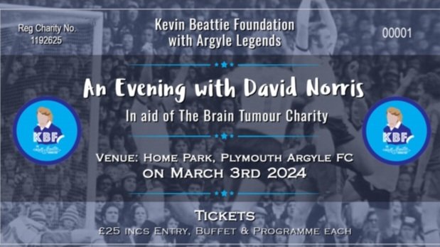 Calling @Argyle fans. Tickets now available for this special night to remember Paul Mariner. An Evening with @DMNorris19 all in aid of @BrainTumourOrg Only £25 incs entry, buffet & programme so hurry now March 3rd at @homeparkstadium Malcolm@kevinbeattiefoundation.co.uk