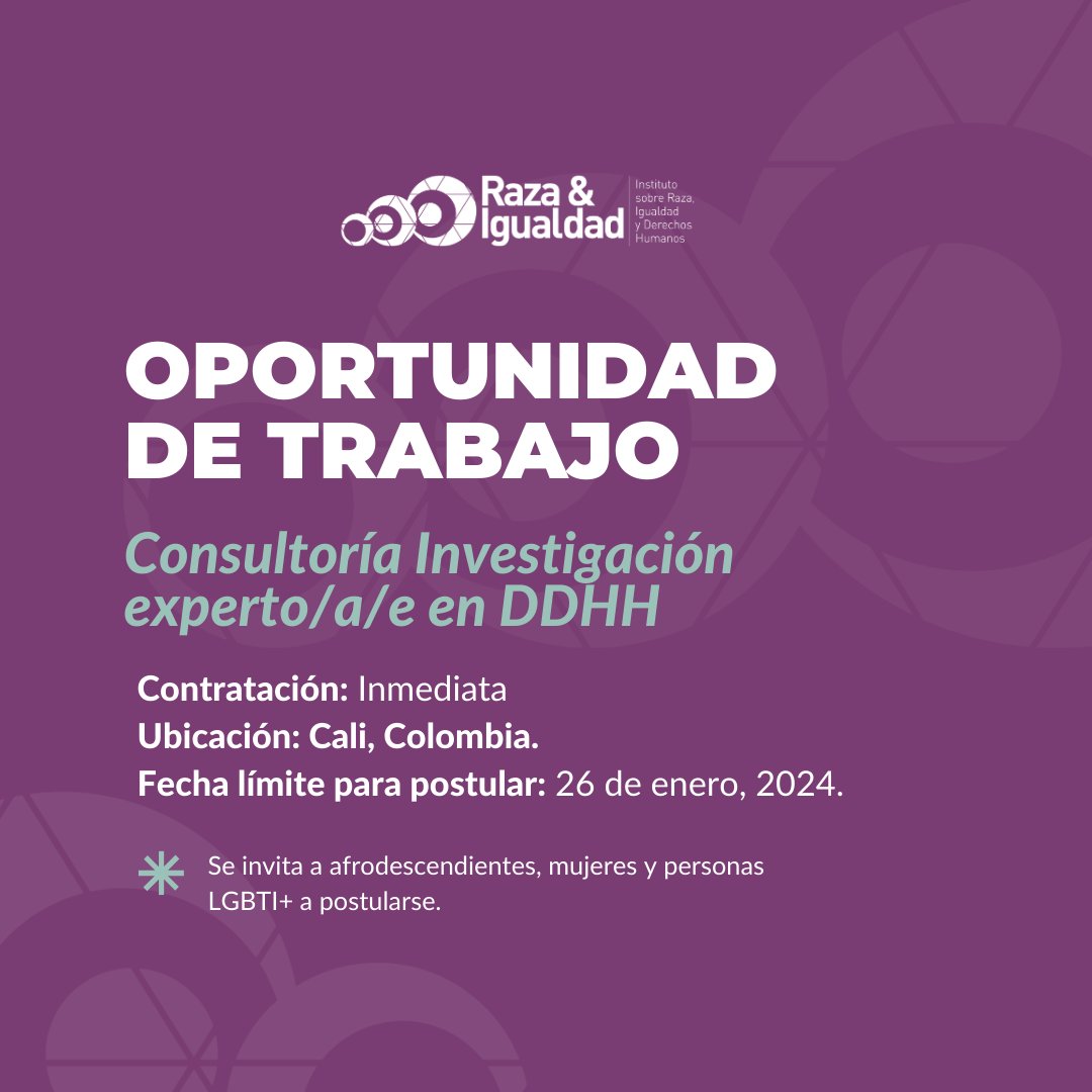 📢 OPORTUNIDAD DE TRABAJO | En nuestra oficina en #Colombia🇨🇴 estamos buscando a un consultor/a/e para trabajar con juventud afrocolombiana en Cali, en colaboración con la organización Afrodes-Cali. Conoce más sobre el proyecto y cómo aplicar 👉bit.ly/3SjIyYE