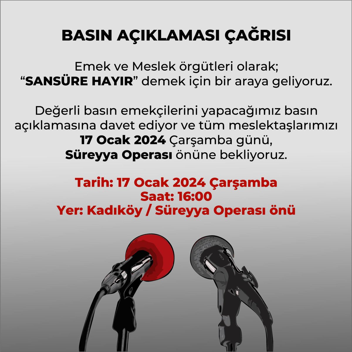 belgeselsinema's tweet photo. BASIN AÇIKLAMASI ÇAĞRISI Emek ve Meslek örgütleri olarak; "SANSÜRE HAYIR" demek için bir araya geliyoruz. Değerli basın emekçilerini yapacağımız basın açıklamasına davet ediyor ve tüm meslektaşlarımızı 17 Ocak 2024 Çarşamba günü Süreyya Operası önüne bekliyoruz. #sansürehayır https://t.co/UBmo8EBeWq