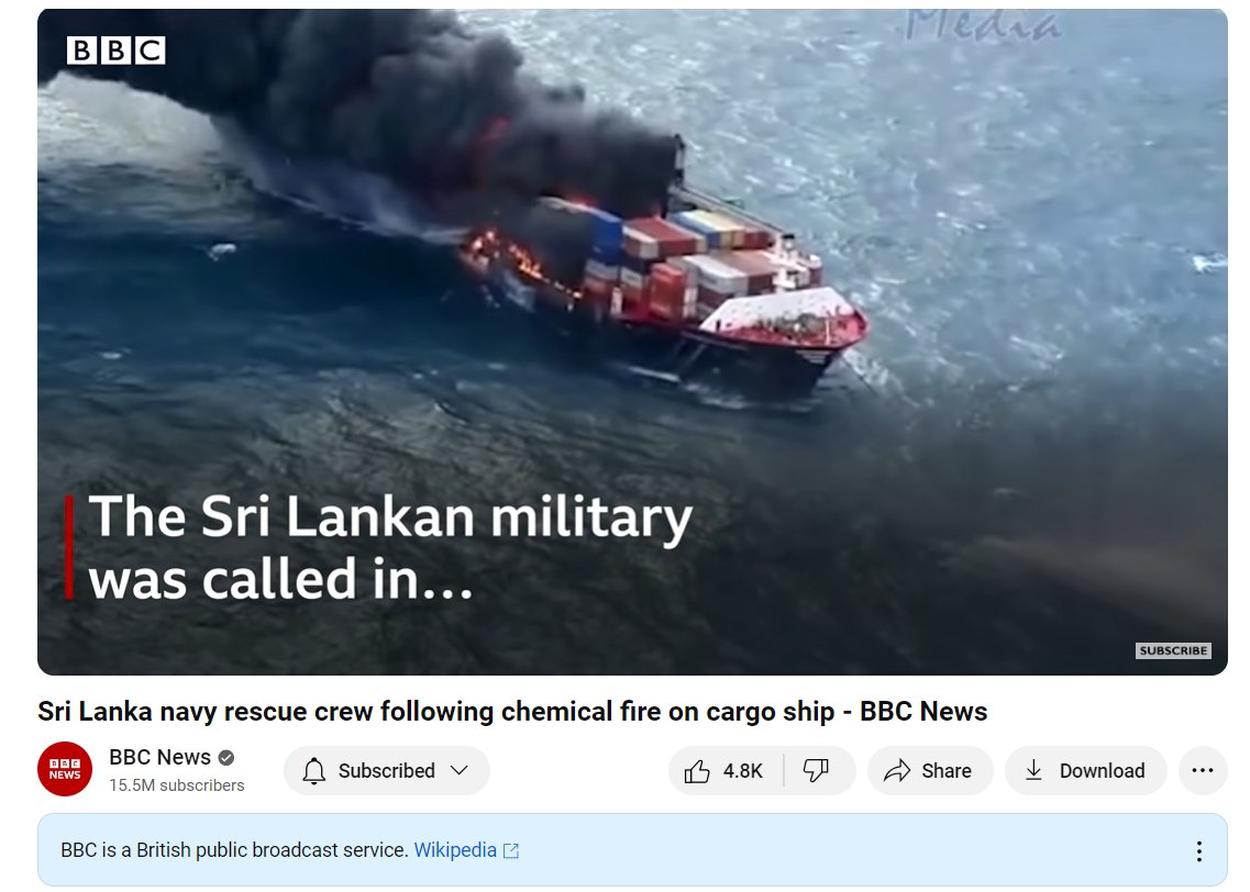 This video, posted by a blue tick QAnon promoter, falsely claims to show today's missile attack by the Houthis on the US-owned Gibraltar Eagle vessel off the coast of Yemen. The video is from 2021, showing a container ship on fire off the coast of Sri Lanka.