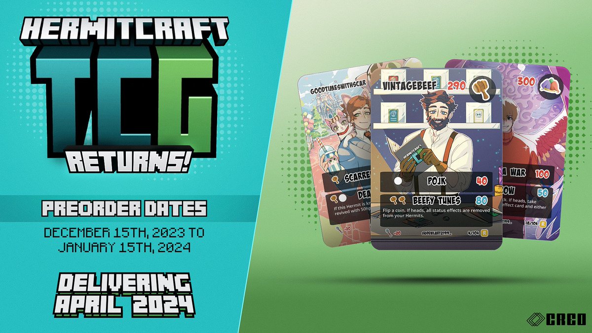 Last day to pre-order HermitCraft TCG Booster Boxes! To celebrate, we're doing one final giveaway. RT this and follow @creocards for a chance to win of 1 of 5 original (!) Booster Boxes! As a reminder, these have a chance to pull a SIGNED Rare Hermit card.