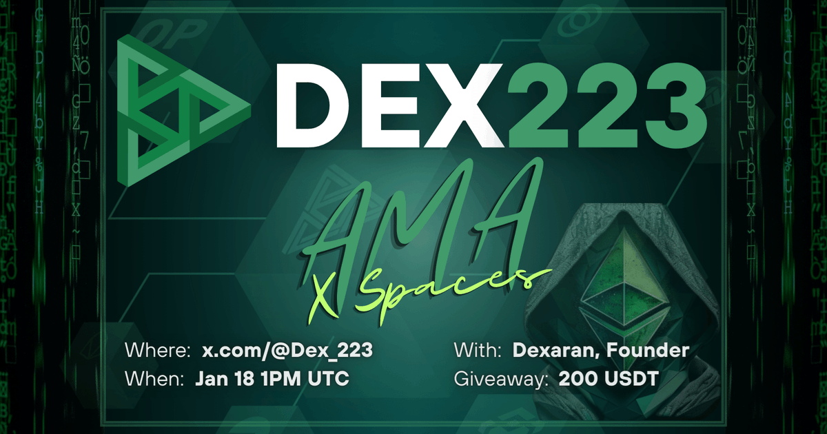 Dex_223's tweet image. 🚨This is gonna be huge!🚨

1st #Dex223 AMA on X Spaces with #Anonymous smartcontract Dev &amp;amp;
#TheManBehindTheCode: @Dexaran🔥

❔Ask Your Question(s)
💸200 USDT Giveaway for 5 Active Participants

Follow @Dex_223 and set a reminder for:

⏰Jan 18th, 1PM UTC