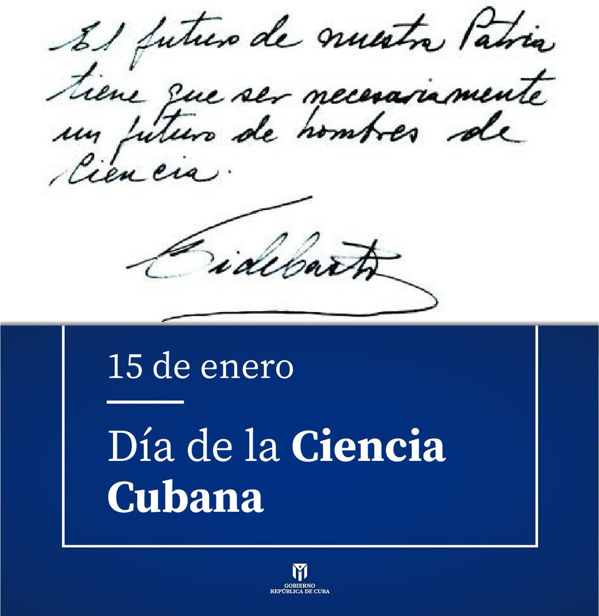 En el Día de la #CienciaCubana, nuestro reconocimiento a los hombres y mujeres que con su labor hacen realidad las ideas de #Fidel cuando expresó que "el futuro de nuestra patria tiene que ser, necesariamente, un futuro de hombres de ciencia". 
A todos, ¡muchas gracias!