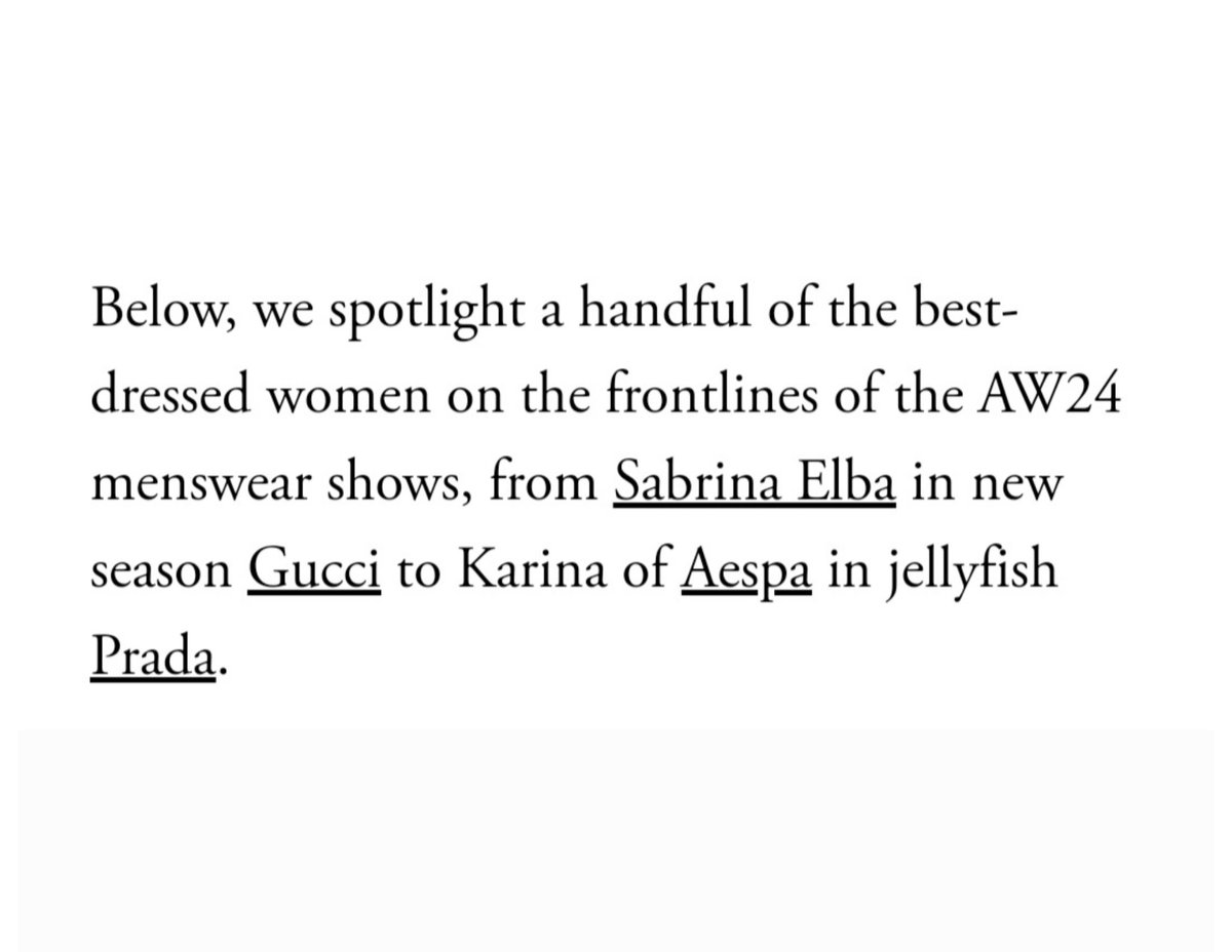 karinachartss's tweet image. British VOGUE | #KARINA for the cover 'See All The Best-Dressed Women At Men’s Fashion Week'.

"we spotlight a handful of the best-dressed women on the frontlines of the AW24 menswear shows, from.. to Karina in jellyfish @Prada"

#KARINAXPradaFW24
#PradaFW24 @aespa_official