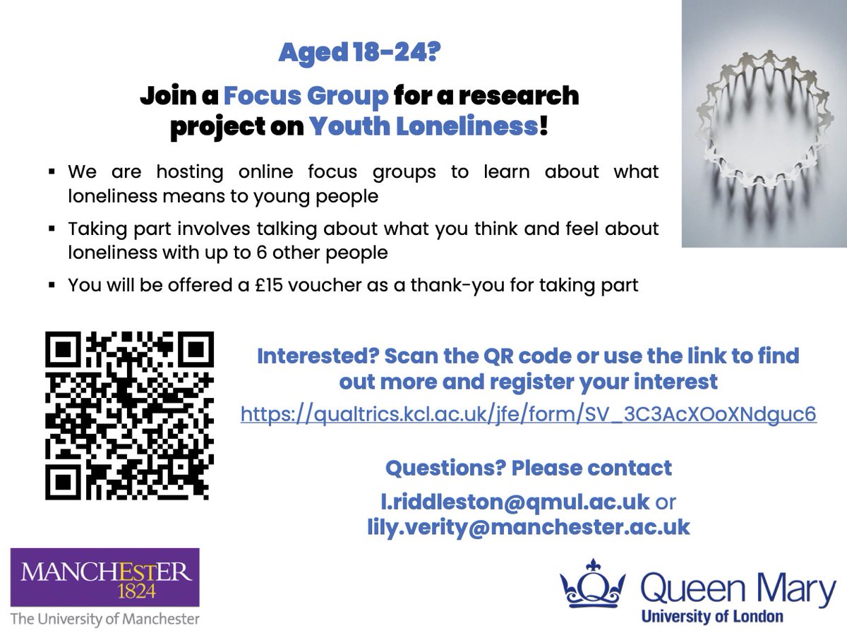 Aged 18-24? Join a Focus Group for a research project on #Youth #Loneliness! We are hosting online focus groups to learn about what loneliness means to young people. See attached for details and Pls share widely @acamh @QMUL_WIPH @McPinYPNetwork qualtrics.kcl.ac.uk/jfe/form/SV_3C…
