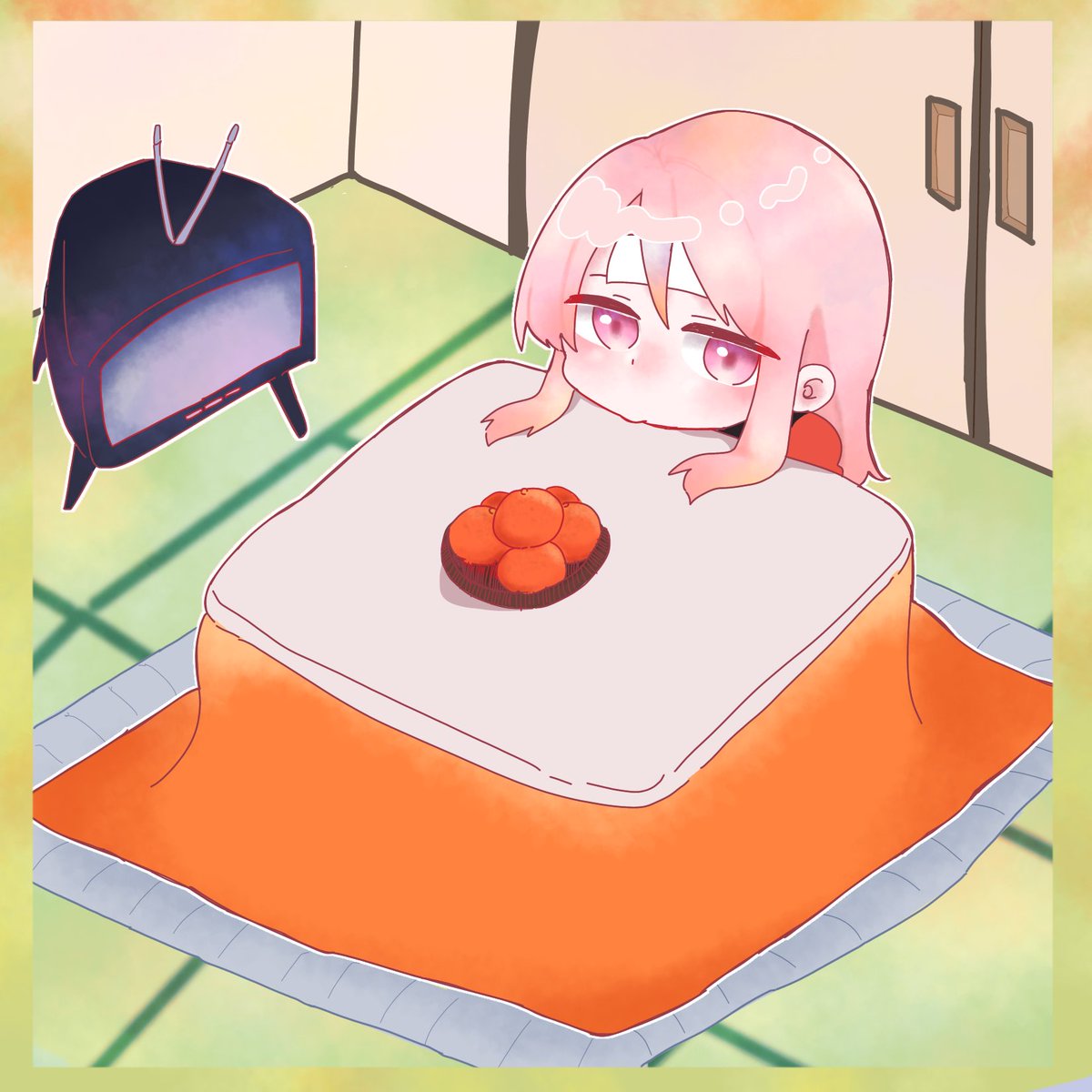 1girl pink hair solo fruit food table mandarin orange  illustration images
