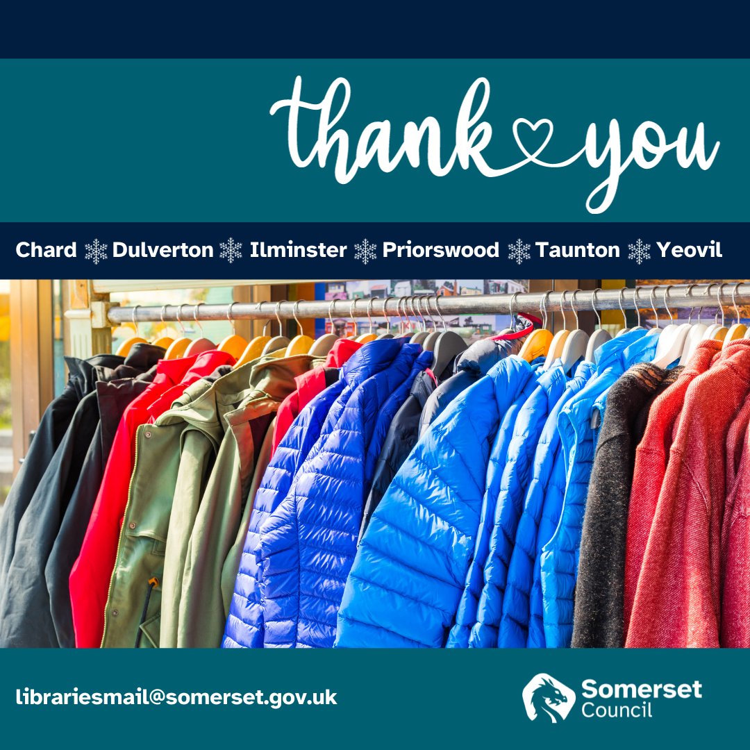 SomersetLib's tweet photo. A HUGE #ThankYou to everyone who has donated coats (&amp; other warm items) to our Winter Coat Exchange - we've had an incredible 156 coats donated across the 6 libraires currently taking part in the scheme so far, with over 80 of those finding new homes already 🤩

@SomersetCouncil https://t.co/J7FvpmLo7X