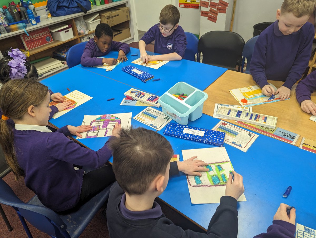 BPSDrParnell's tweet photo. Our Kandinsky houses are looking amazing! Today we added lots of colour to our outlines we did last week. We chose to use oil or chalk pastels or paint #BPSArt https://t.co/1iXIZ8xkjP