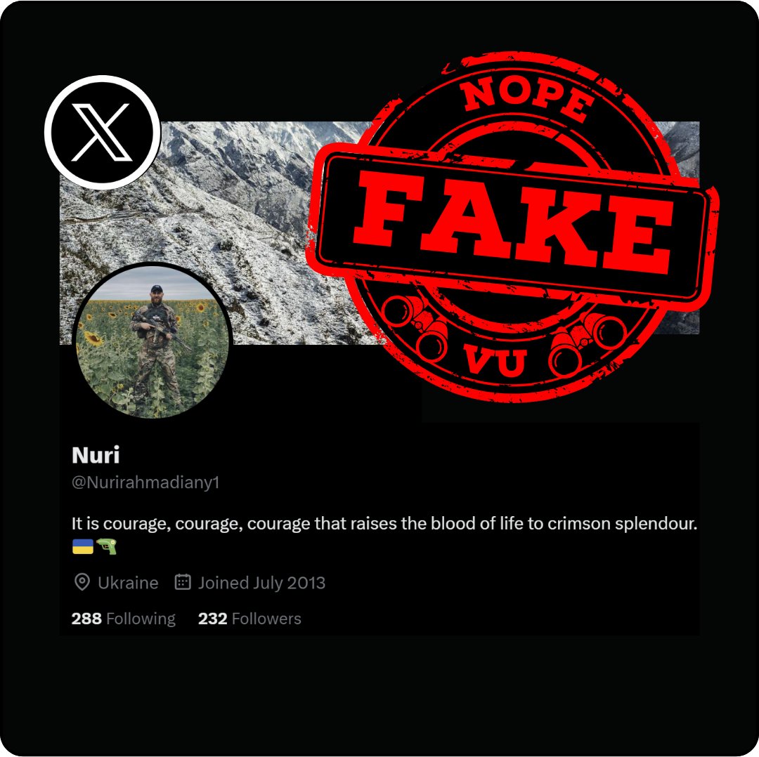 #vu #scamalert ❌FAKE SOLDIER Nuri aka Nurirahmadiany1 x.com/Nurirahmadiany1 ID link: x.com/intent/user?us… 1619562752 ⚠️ IMPERSONATES ✅A REAL SOLDIER ⚠️ check yourself: instagram.com/sawbonesmessli… ⚠️ Don’t follow ❌FAKES! Follow @vu_intl and stay safe! Kindly R&B! @Xsecurity…