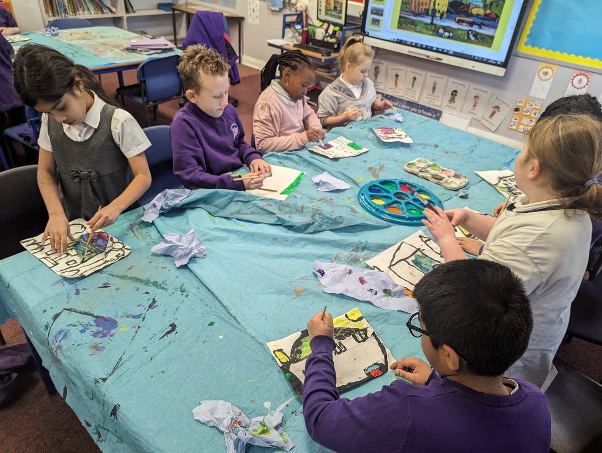 BPSDrParnell's tweet photo. Our Kandinsky houses are looking amazing! Today we added lots of colour to our outlines we did last week. We chose to use oil or chalk pastels or paint #BPSArt https://t.co/1iXIZ8xkjP