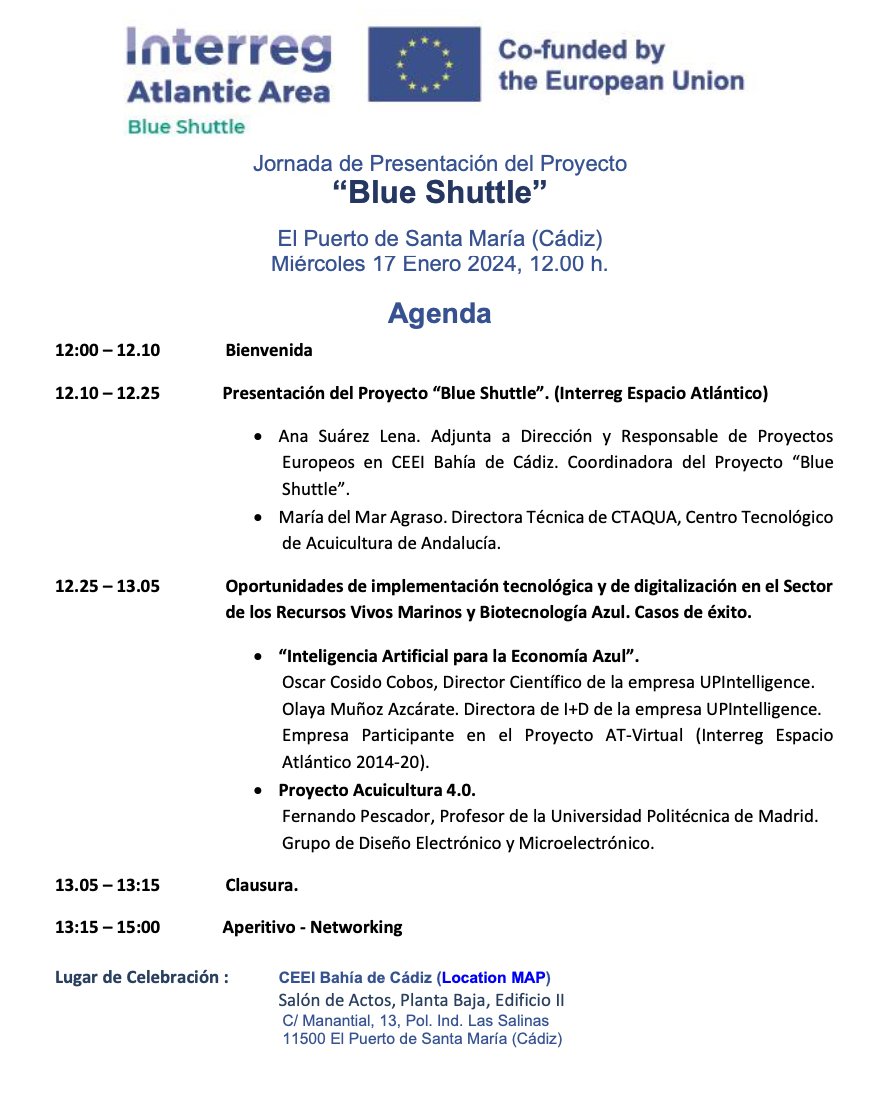 Ctaqua_CT's tweet photo. 📔 AGENDA: 🗓 17 ENERO 🕛 12:00📍 El Puerto de Santa María
📌 PRESENTACIÓN #BlueShuttle: Oportunidades implementación tecnológica y #digitalización en el sector de Recursos Vivos Marinos y #Biotecnología Azul
👉 INSCRIPCIONES: https://t.co/fzjdO6KlzL
@ceeibahia #acuicultura https://t.co/auSHxd9AO2