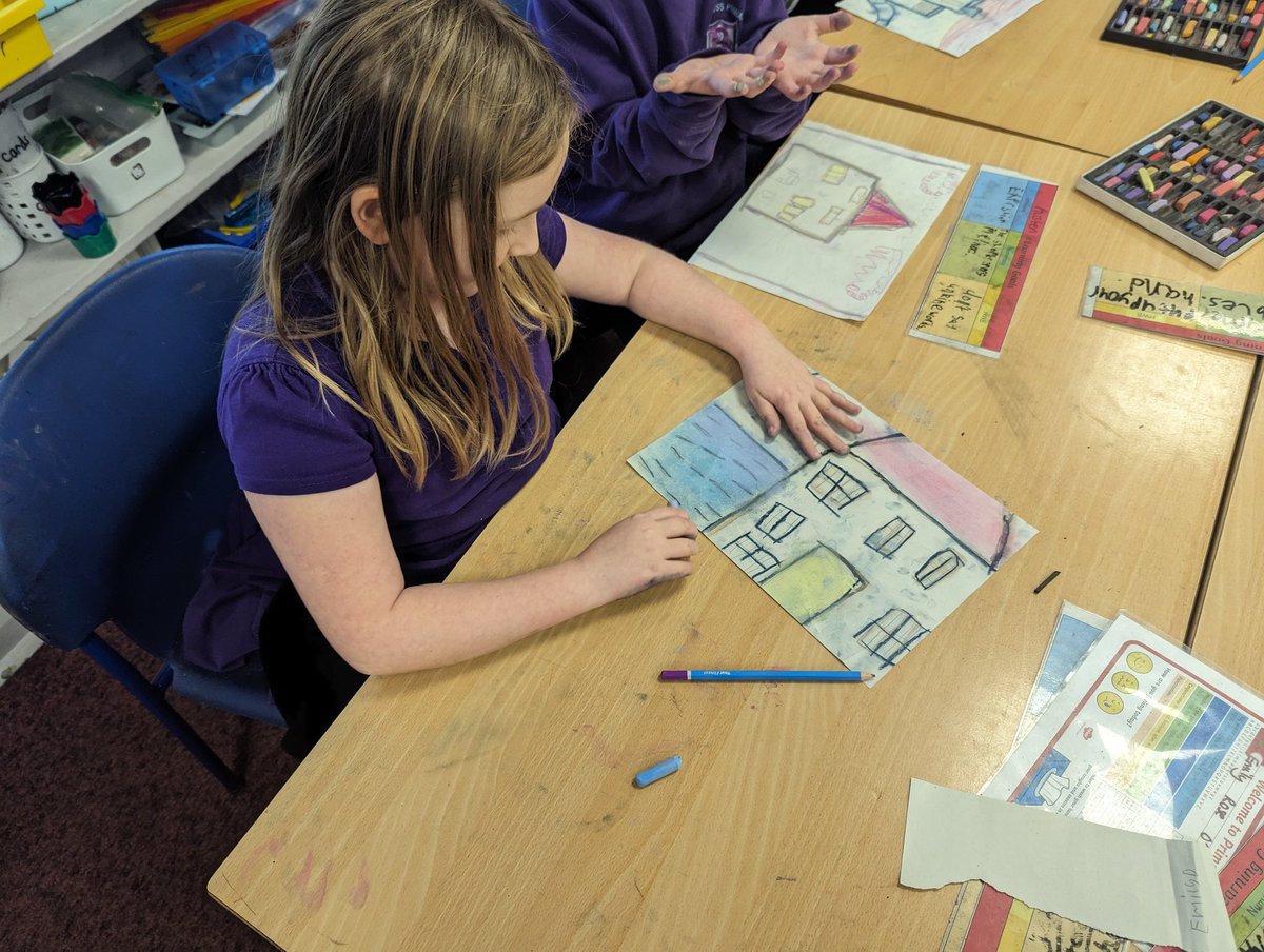 BPSDrParnell's tweet photo. Our Kandinsky houses are looking amazing! Today we added lots of colour to our outlines we did last week. We chose to use oil or chalk pastels or paint #BPSArt https://t.co/1iXIZ8xkjP