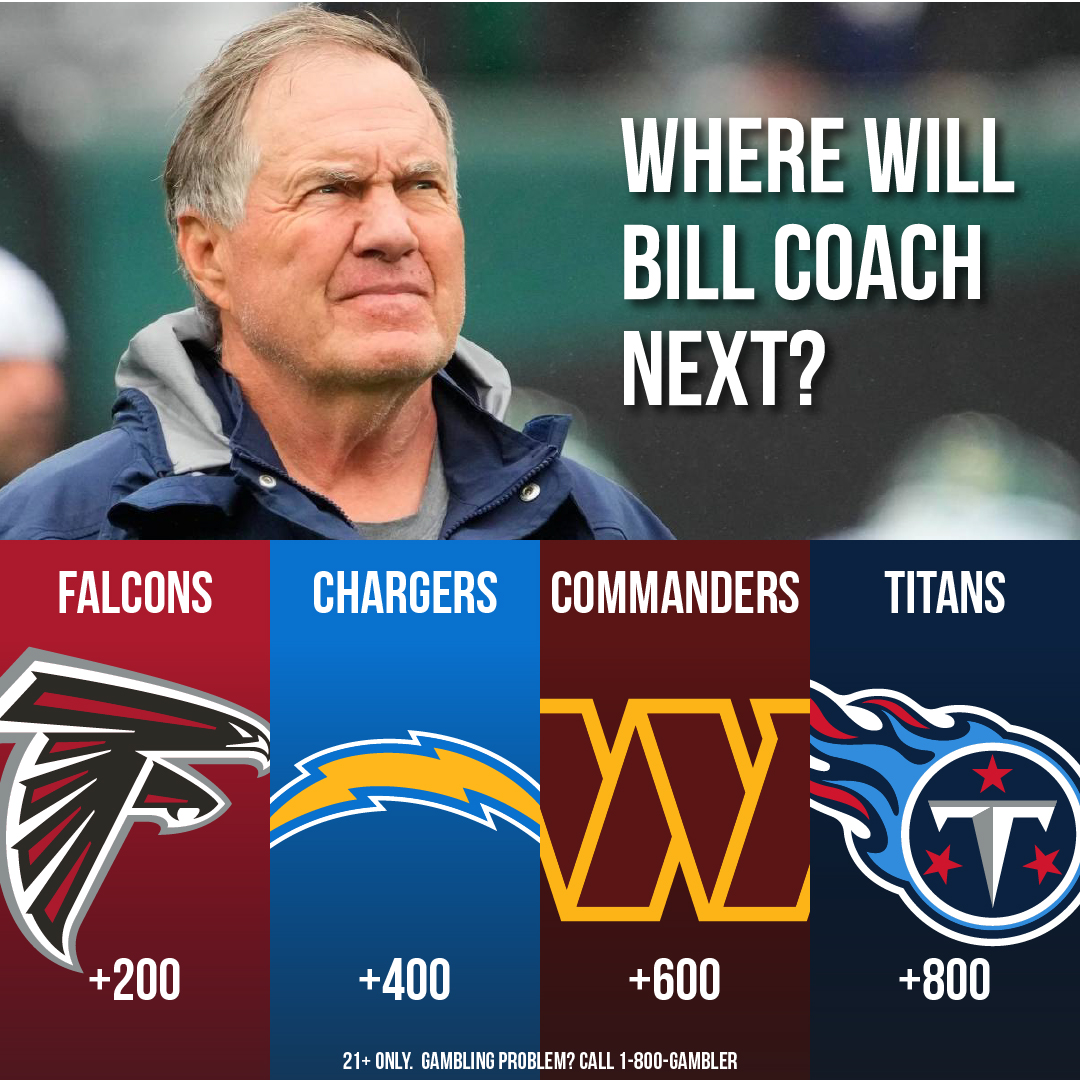 BetMGM posted odds on where Bill will coach next. Which team do you think lands the GOAT? #NFL #Falcons #Chargers #Commanders #Titans