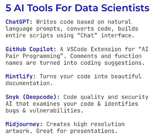 mdancho84's tweet image. Here&apos;s a short list of AI tools to help data scientists with:

1. Writing Code &amp;amp; AI pair programming
2. Code Quality &amp;amp; Documentation
3. Images for Presentations 

#datascience #rstats #python